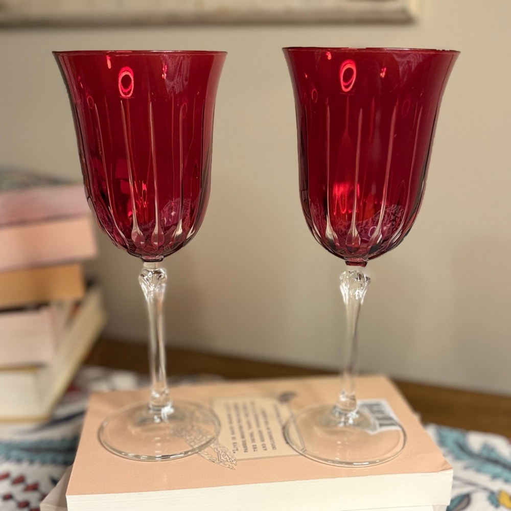 Set of 2 Vintage Water or Wine Goblets | Ruby Red French Crystal